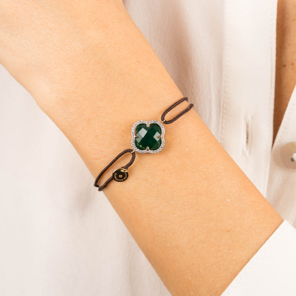 Bracelet Victoria | Chocolate Cord + Yellow Gold | Green Agate + Diamonds