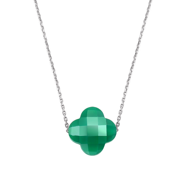 White Gold Clover Necklace | Green Agate