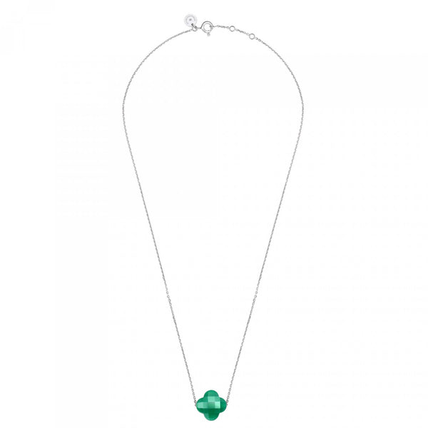 White Gold Clover Necklace | Green Agate