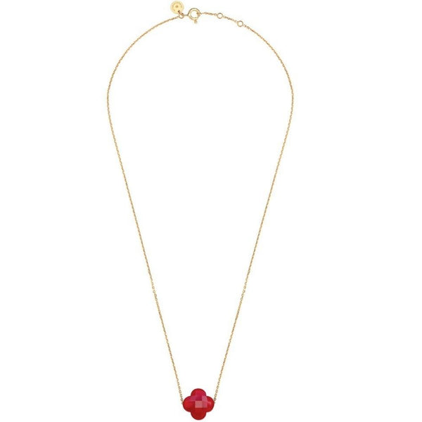 Yellow Gold Clover Necklace | Red Quartz